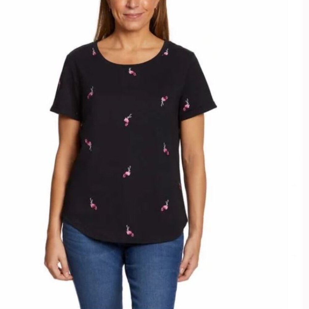 Vintage America Ladies Embroidered Tee, Black (Flamingos) - XXL